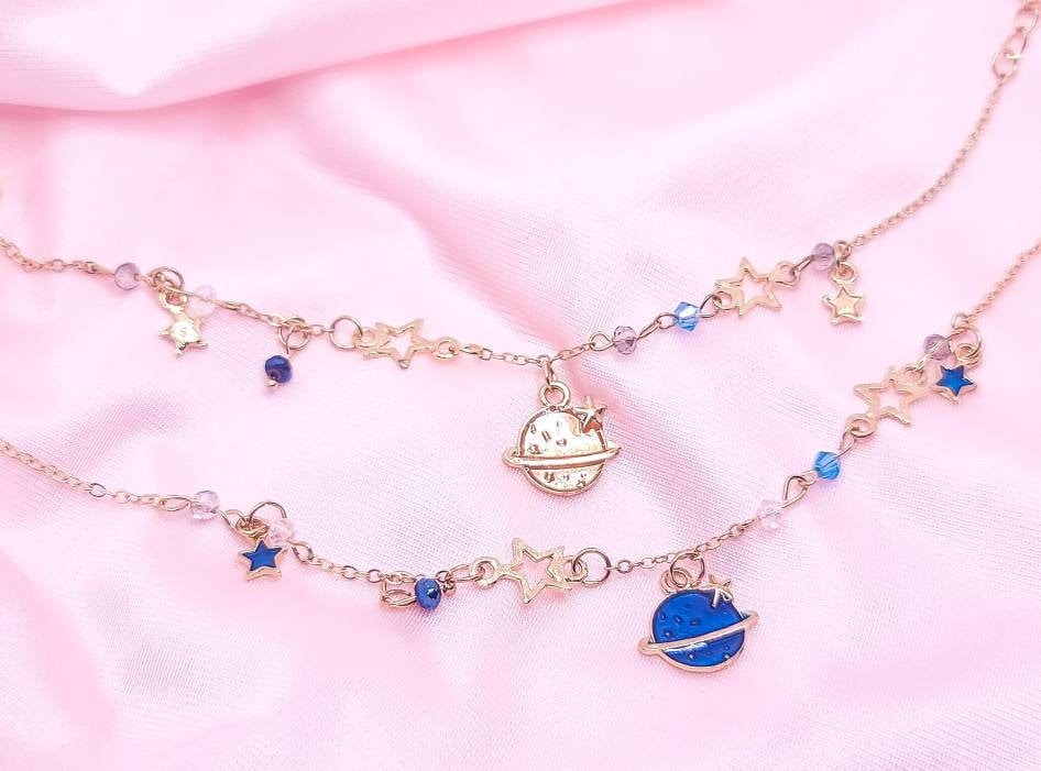 Celestial Planet Charm Bracelet | Saturn | Galaxy Charm Bracelet | Space Lover | Kawaii Cute Lolita | Moon and Stars | Dainty Bracelet