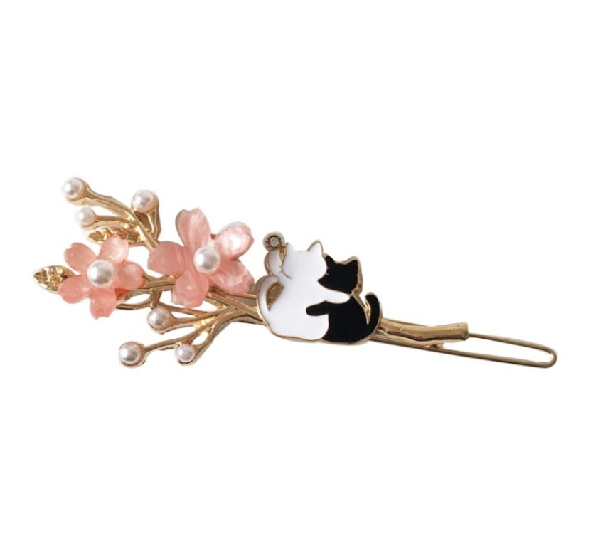 Sakura Cat Hair Clips | Cherry Blossoms Hair Pin | Black and White Cats | Pink Flower Hair Clips | Gift for Friend | Pearls Hair Clip