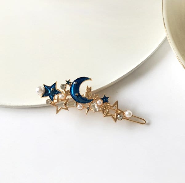 Crescent Moon Hair Clip | Cat Hair Clip | Galaxy Hair Pin | Stars Hair Pin| Gold Hair Clip | Pearls | Kawaii Cute Clips | For Girls, Women