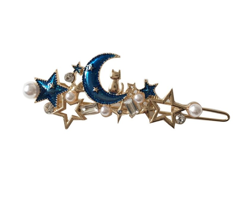 Crescent Moon Hair Clip | Cat Hair Clip | Galaxy Hair Pin | Stars Hair Pin| Gold Hair Clip | Pearls | Kawaii Cute Clips | For Girls, Women