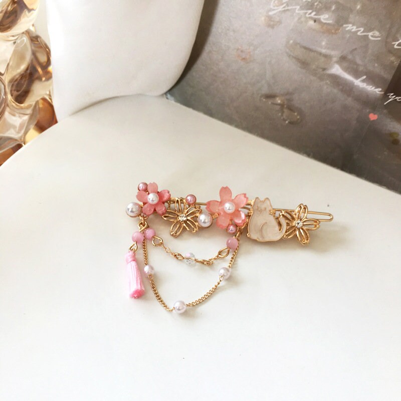 White Cat Hair Clip | Cherry Blossoms Hair Pin | Tassel Hair Clip | Pink Flower Hair Clips | Gift for Friend | Pearls Hair Clip | Sakura