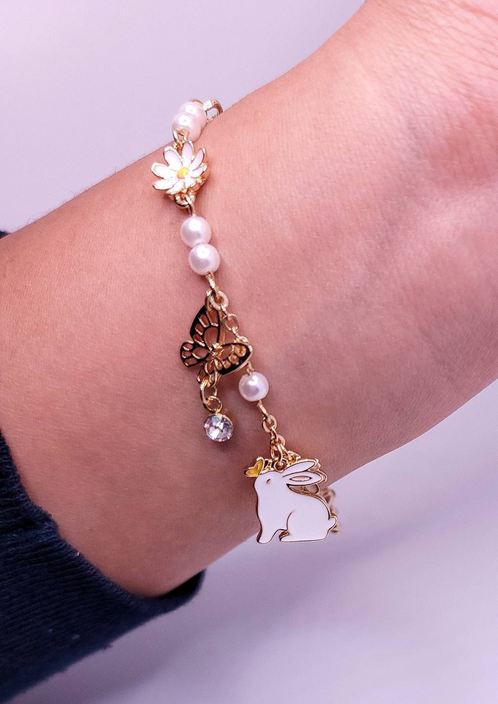 Bunny Charm Bracelet | Daisy Bracelet | Butterfly Charm Bracelet | Pearls Flower | Enamel Bracelet | Kawaii Cute | Lolita | Japanese Style