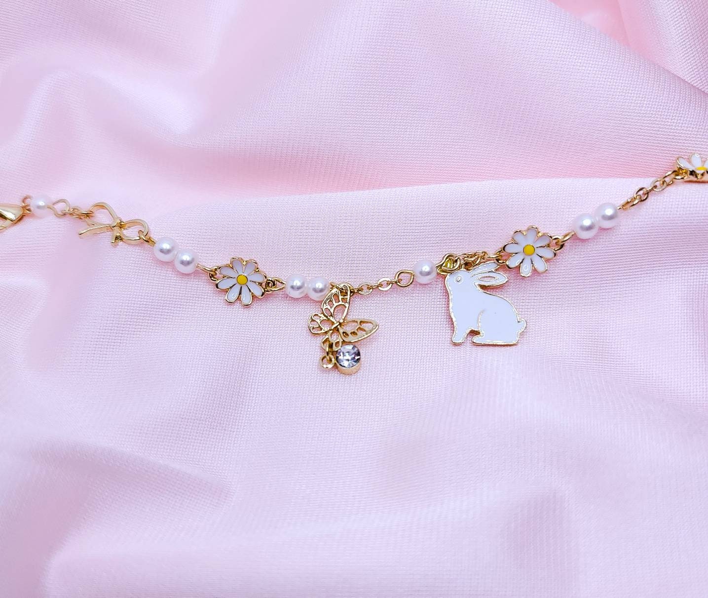 Bunny Charm Bracelet | Daisy Bracelet | Butterfly Charm Bracelet | Pearls Flower | Enamel Bracelet | Kawaii Cute | Lolita | Japanese Style