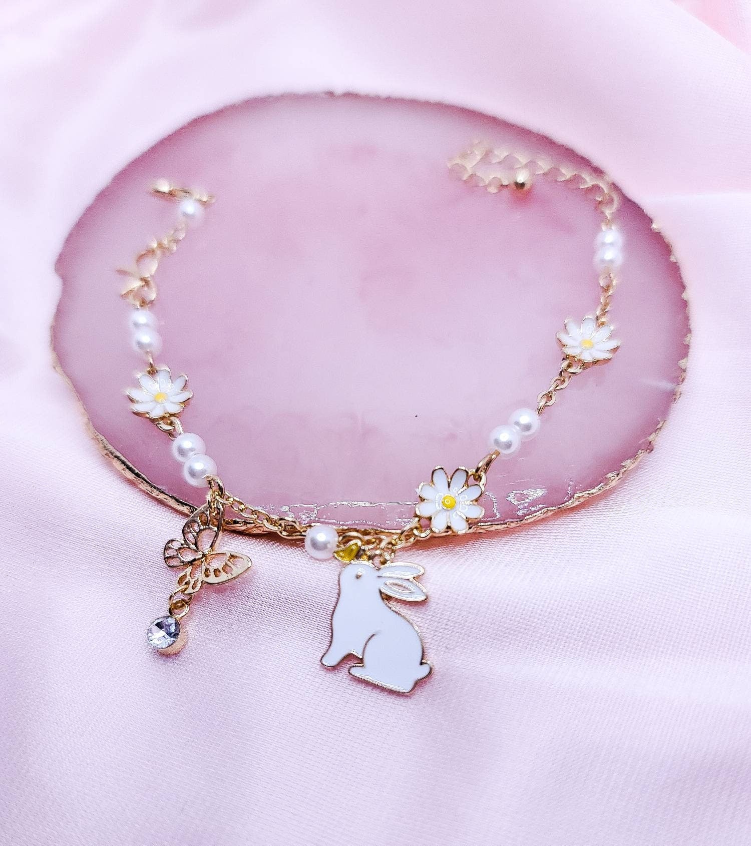 Bunny Charm Bracelet | Daisy Bracelet | Butterfly Charm Bracelet | Pearls Flower | Enamel Bracelet | Kawaii Cute | Lolita | Japanese Style