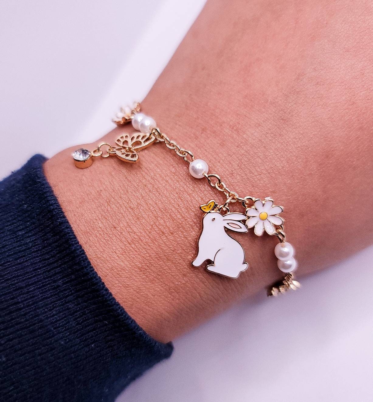 Bunny Charm Bracelet | Daisy Bracelet | Butterfly Charm Bracelet | Pearls Flower | Enamel Bracelet | Kawaii Cute | Lolita | Japanese Style