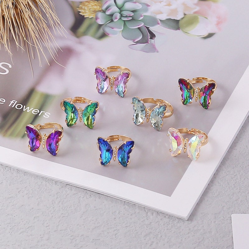 Sparkling Butterfly Ring | Adjustable Glass Butterfly Ring | Gradient Butterfly | 18K Gold Ring | Crystal Butterfly | Gift for Her | 3D