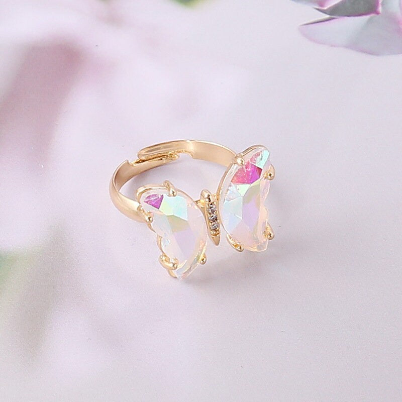 Sparkling Butterfly Ring | Adjustable Glass Butterfly Ring | Gradient Butterfly | 18K Gold Ring | Crystal Butterfly | Gift for Her | 3D