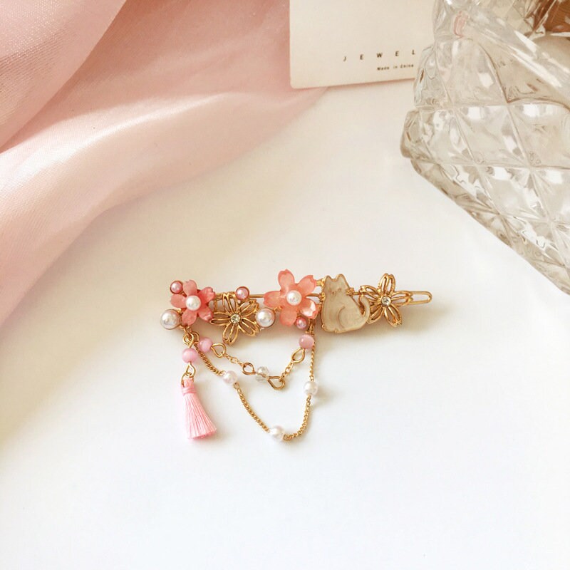 White Cat Hair Clip | Cherry Blossoms Hair Pin | Tassel Hair Clip | Pink Flower Hair Clips | Gift for Friend | Pearls Hair Clip | Sakura