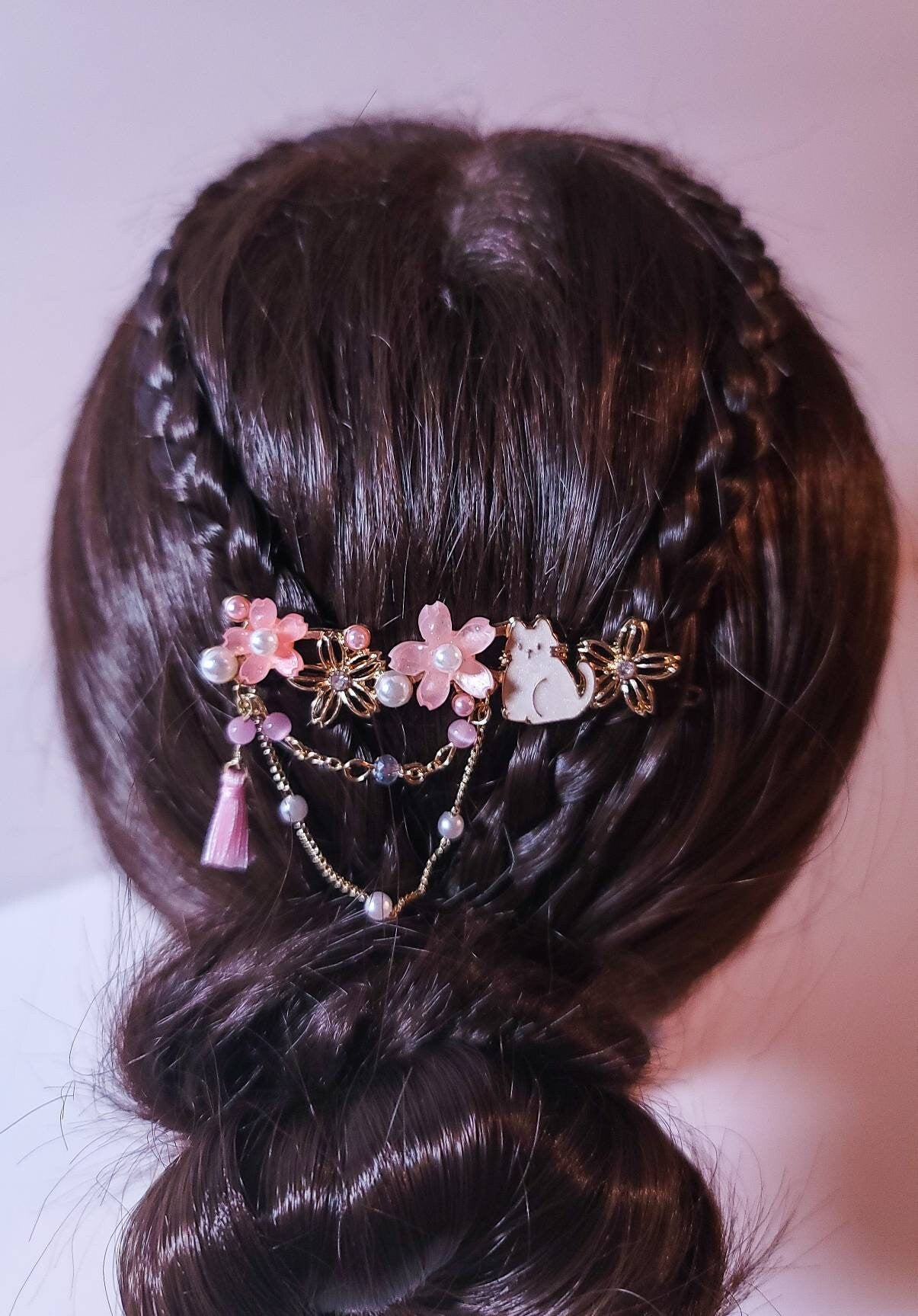 White Cat Hair Clip | Cherry Blossoms Hair Pin | Tassel Hair Clip | Pink Flower Hair Clips | Gift for Friend | Pearls Hair Clip | Sakura