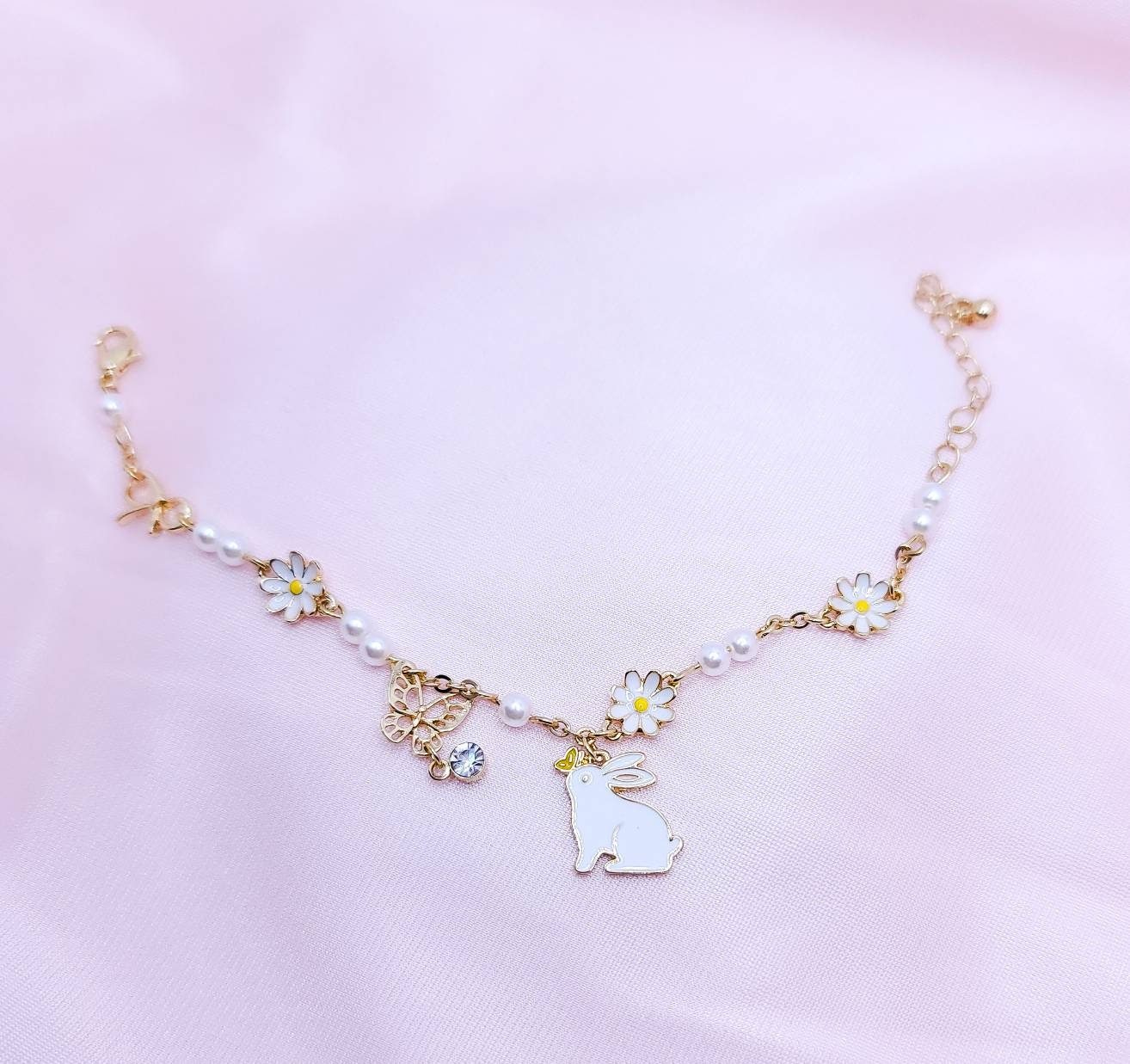 Bunny Charm Bracelet | Daisy Bracelet | Butterfly Charm Bracelet | Pearls Flower | Enamel Bracelet | Kawaii Cute | Lolita | Japanese Style