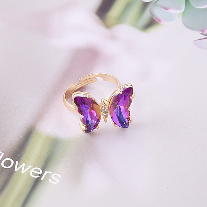 Sparkling Butterfly Ring | Adjustable Glass Butterfly Ring | Gradient Butterfly | 18K Gold Ring | Crystal Butterfly | Gift for Her | 3D