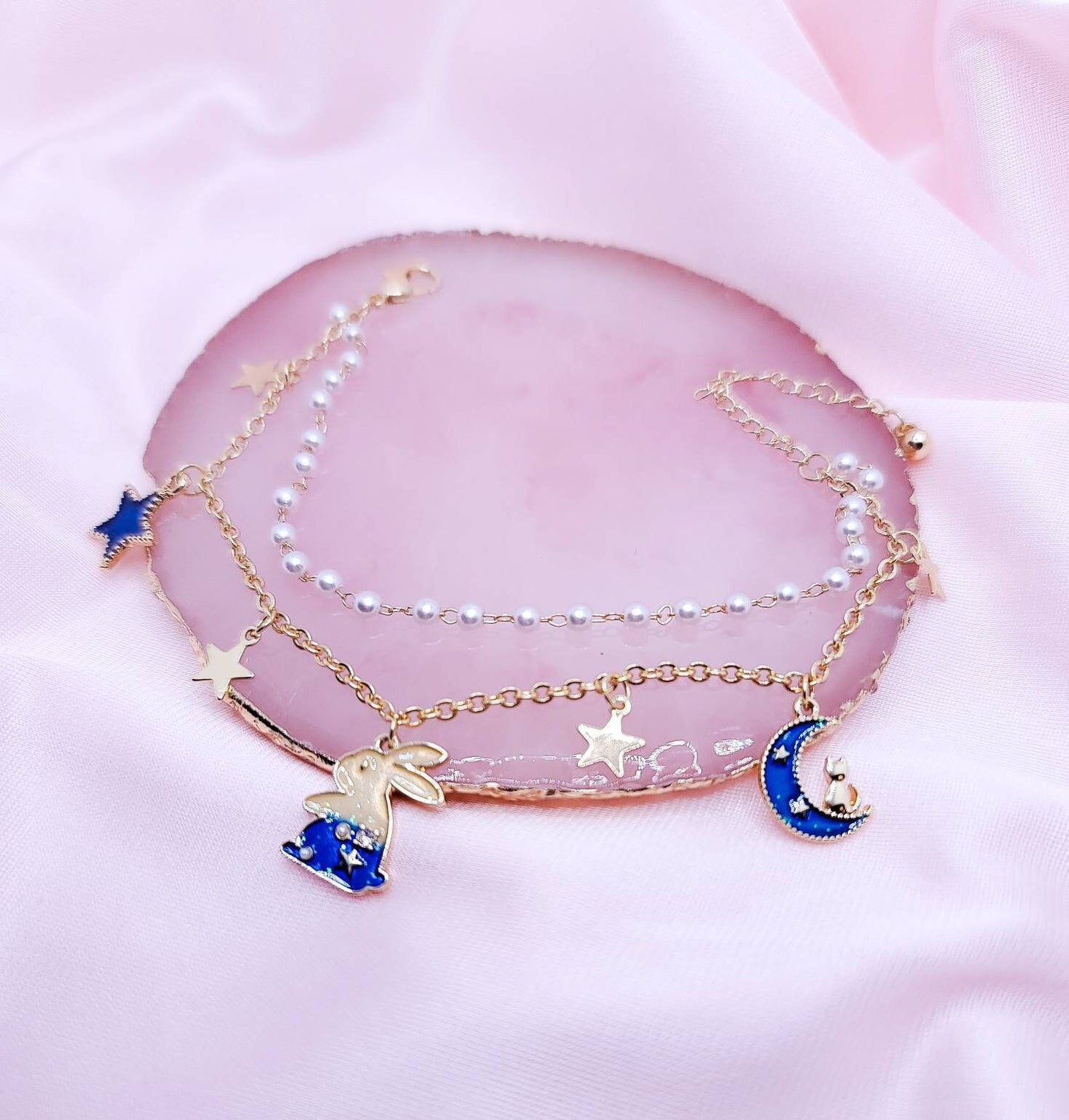 Moon and Stars Bracelet | Bunny Charm Bracelet | Double Layer | Crescent Moon and Cat | Pearl Bracelet | Kawaii Cute Lolita Girl | Japanese