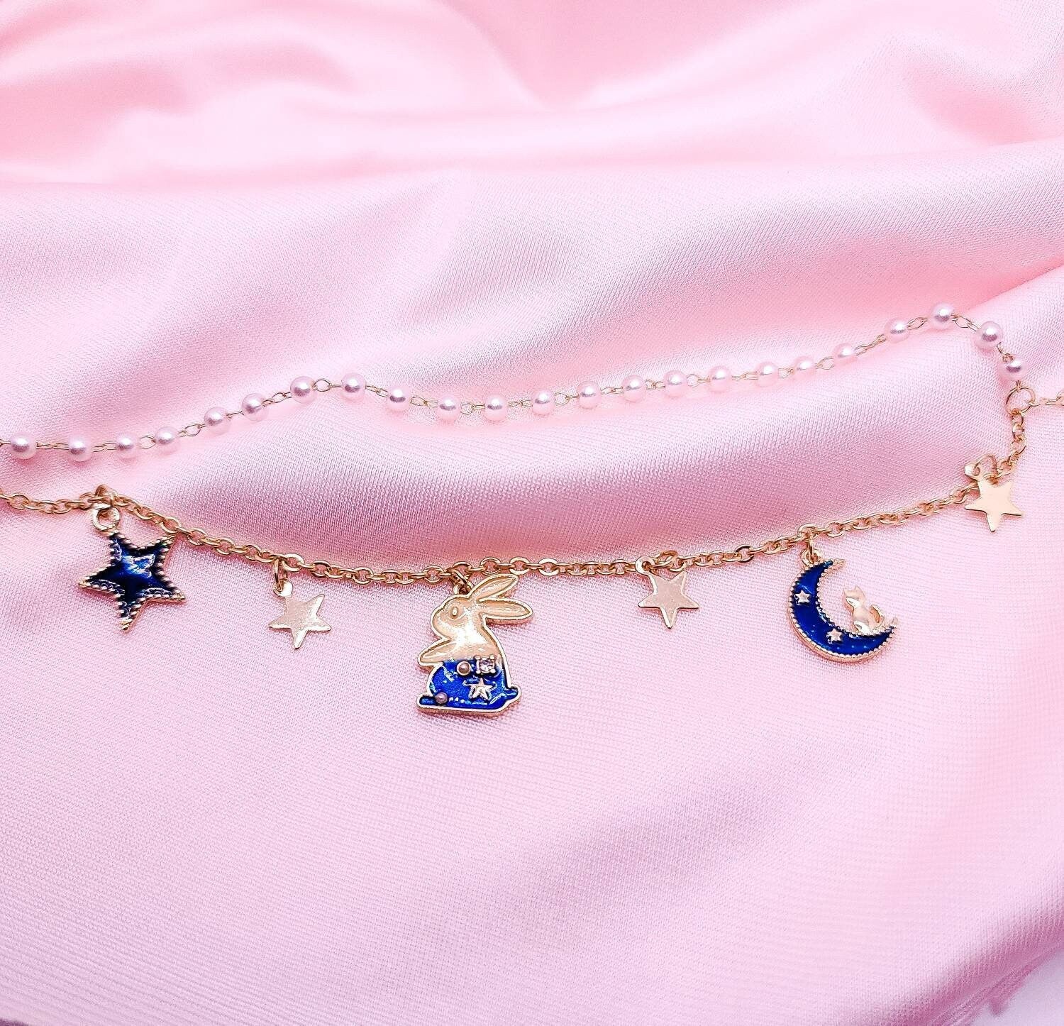 Moon and Stars Bracelet | Bunny Charm Bracelet | Double Layer | Crescent Moon and Cat | Pearl Bracelet | Kawaii Cute Lolita Girl | Japanese