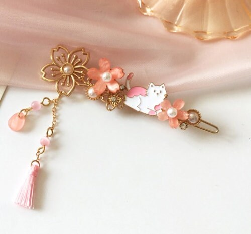 Cat Hair Clip | Sakura Hair Clip | Cherry Blossom Hair Clip | Pink Flower | Pearls | Metal Hair Clip | Cute Hair Pin | Japanese Style