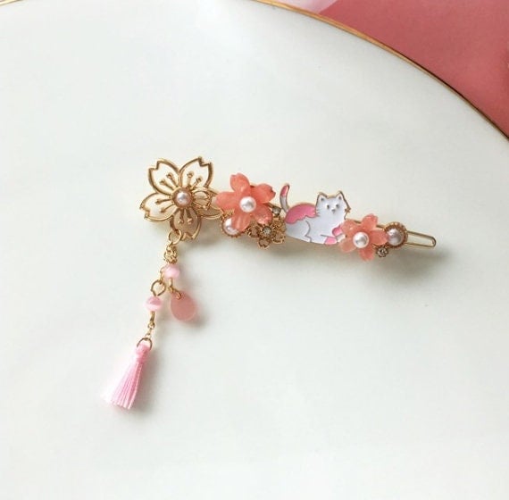 Cat Hair Clip | Sakura Hair Clip | Cherry Blossom Hair Clip | Pink Flower | Pearls | Metal Hair Clip | Cute Hair Pin | Japanese Style