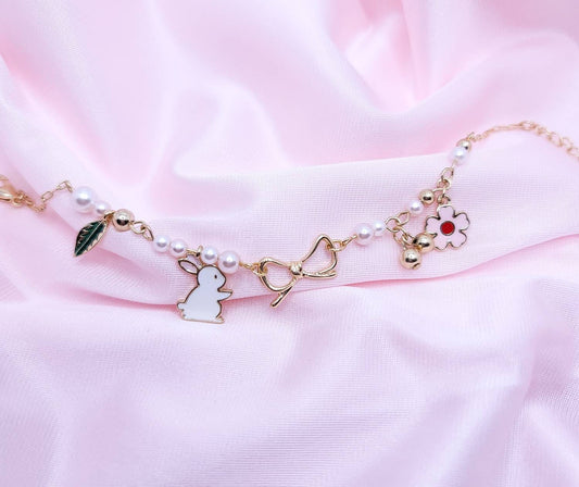 White Bunny Bracelet | Charm Bracelet | Bunny and Bow | Pink Flower Bracelet | Dainty Charm Bracelet | Delicate | Japanese Style