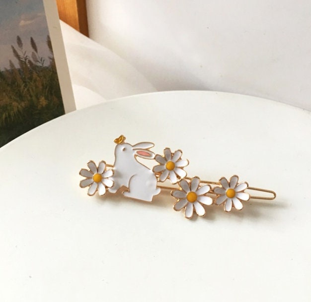 Bunny and Daisy Hair Clip | Flower Hair Clip | Gold Metal Hair Clip | Rabbit Hair Clip | Daisy Flower | Butterfly | Cute Hair Accessories