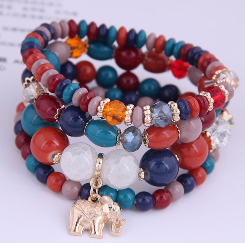 Bohemian Bead Bracelets | Elephant Pendant | Bracelet Set | Beaded Bracelets | Stackable Bracelet | Acrylic Beads | Gift for Her | Set of 4