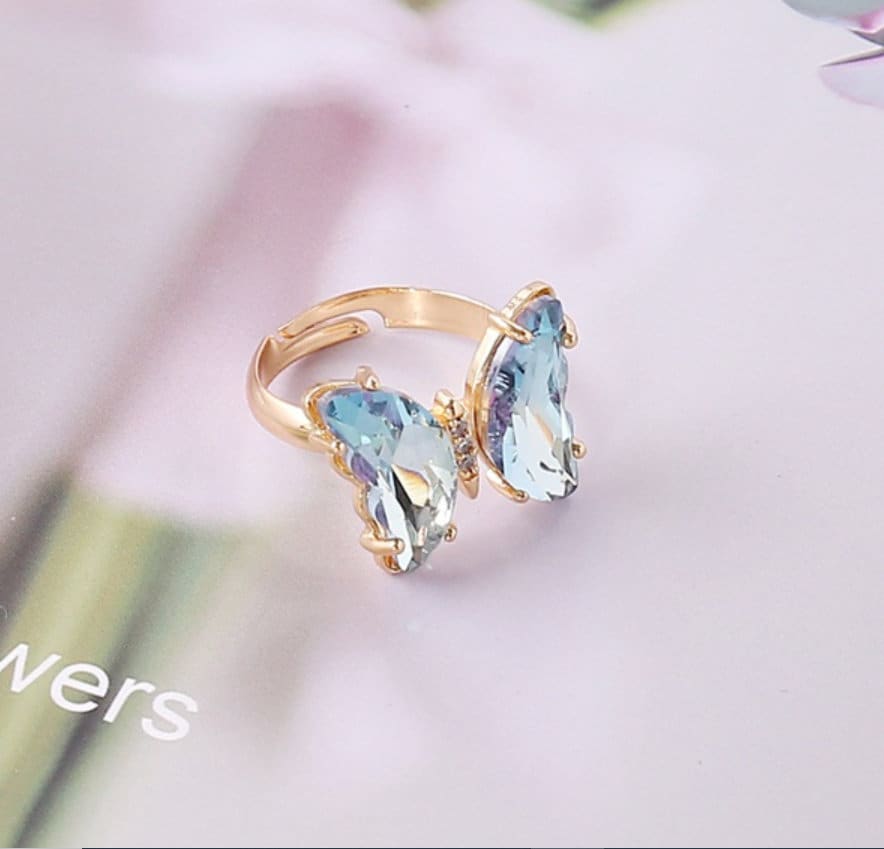 Sparkling Butterfly Ring | Adjustable Glass Butterfly Ring | Gradient Butterfly | 18K Gold Ring | Crystal Butterfly | Gift for Her | 3D