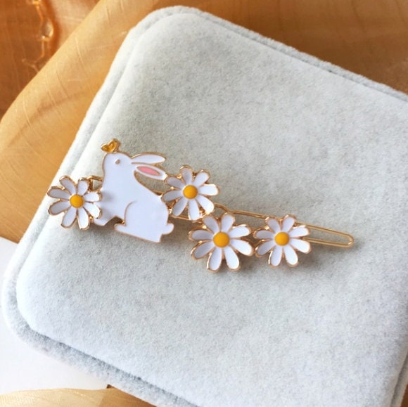 Bunny and Daisy Hair Clip | Flower Hair Clip | Gold Metal Hair Clip | Rabbit Hair Clip | Daisy Flower | Butterfly | Cute Hair Accessories