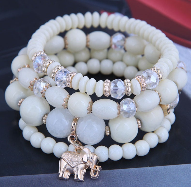 Bohemian Bead Bracelets | Elephant Pendant | Bracelet Set | Beaded Bracelets | Stackable Bracelet | Acrylic Beads | Gift for Her | Set of 4