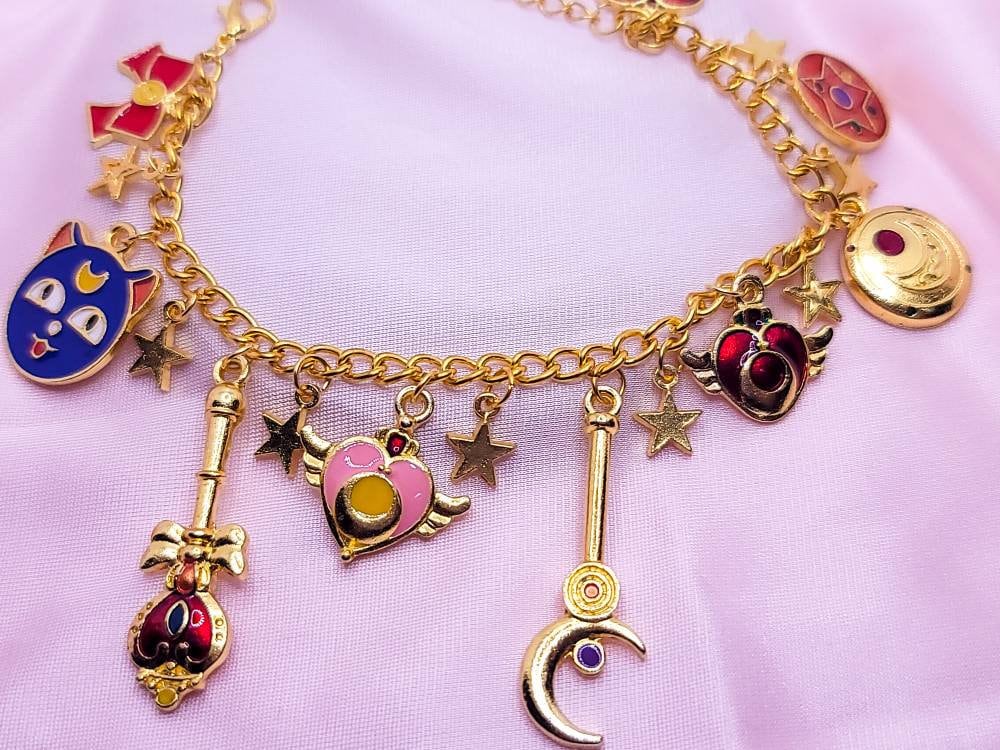 Sailor Moon Charm Bracelet | Chunky Bracelet | Luna, Magic Wand, Heart Locket, Star Compact, Bow, Stars Charm | Japanese Anime