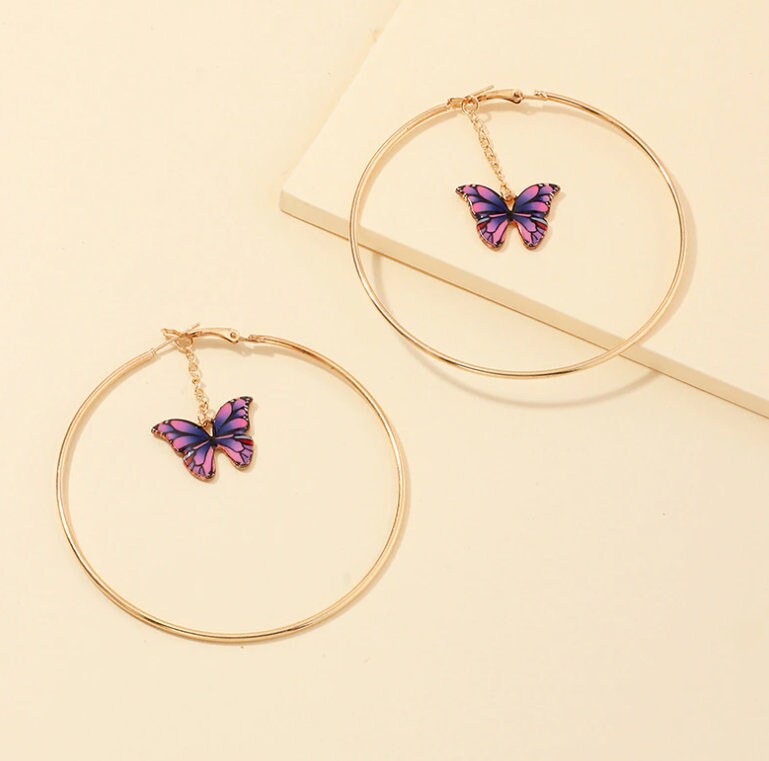 Butterfly Hoop Earrings | Dangle Butterfly Earrings | Big Gold Hoops | Fashion Statement Earrings | Monarch Butterfly Earrings