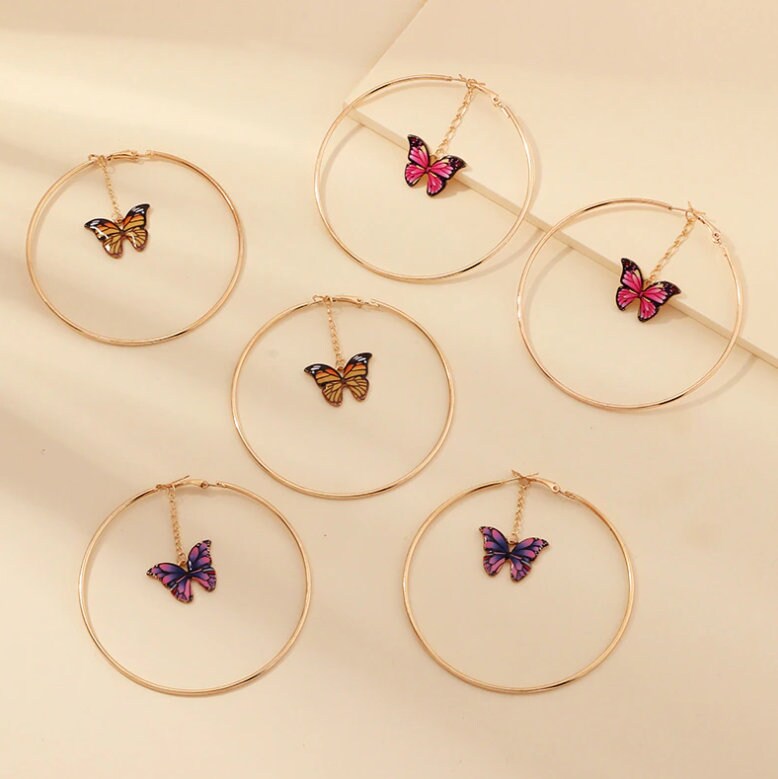 Butterfly Hoop Earrings | Dangle Butterfly Earrings | Big Gold Hoops | Fashion Statement Earrings | Monarch Butterfly Earrings