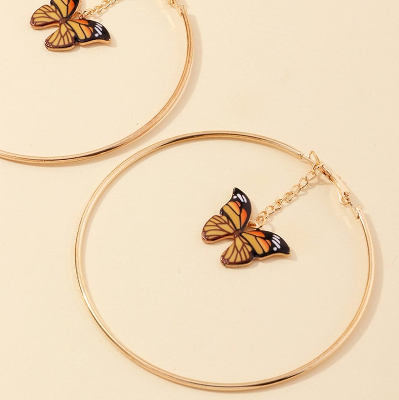 Butterfly Hoop Earrings | Dangle Butterfly Earrings | Big Gold Hoops | Fashion Statement Earrings | Monarch Butterfly Earrings