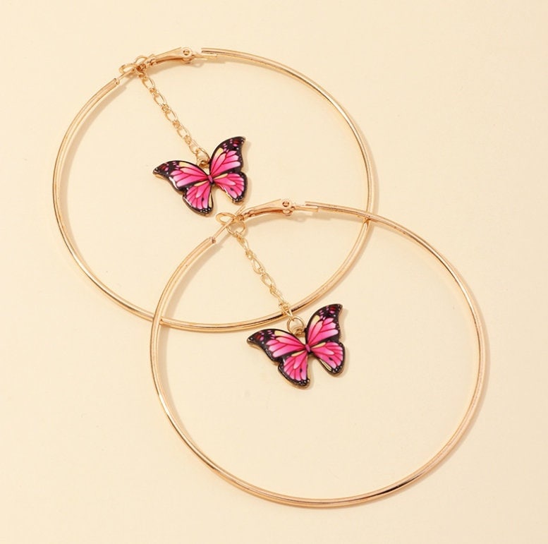 Butterfly Hoop Earrings | Dangle Butterfly Earrings | Big Gold Hoops | Fashion Statement Earrings | Monarch Butterfly Earrings