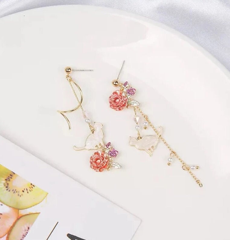 Dangling Cat Earrings | Asymmetrical Earrings | Cat and Rose Earrings | Mismatch Earrings | Korean Earrings | Cat Jewelry | Flower Earrings