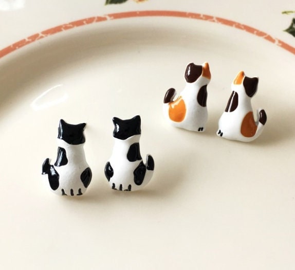 Clay Kitty Earrings | Cat Earrings | Pet Earrings | Cat Studs | Oil Drop Earrings | Cute Earrings | Cat Mama | Silver Posts