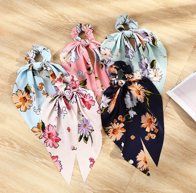 Floral Hair Scarf Scrunchies | Flower Hair Tie | Scrunchie with Tail | Pastel Hair Scrunchies | Hair Ribbons | Satin Hair Accessories