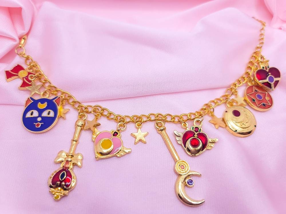 Sailor Moon Charm Bracelet | Chunky Bracelet | Luna, Magic Wand, Heart Locket, Star Compact, Bow, Stars Charm | Japanese Anime