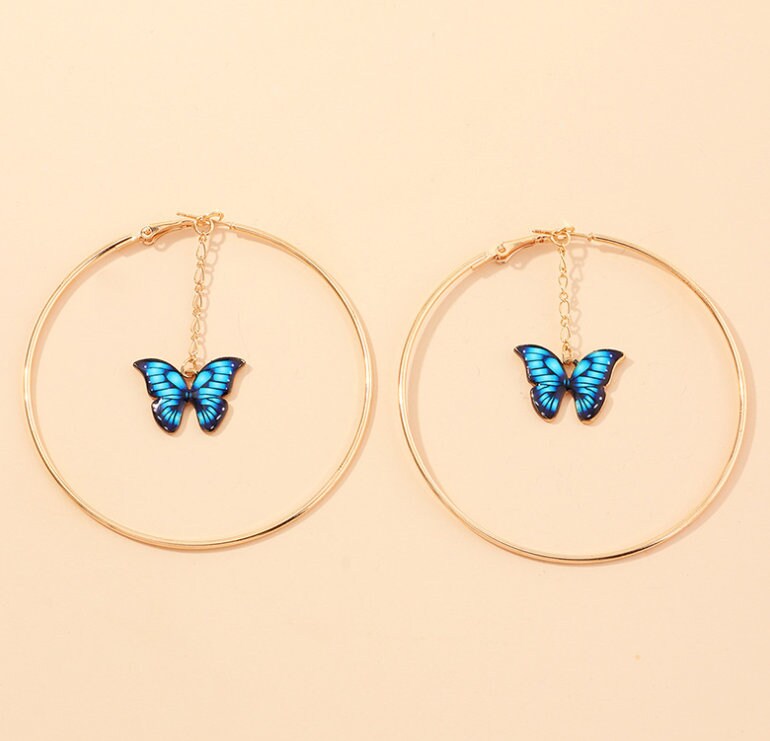 Butterfly Hoop Earrings | Dangle Butterfly Earrings | Big Gold Hoops | Fashion Statement Earrings | Monarch Butterfly Earrings