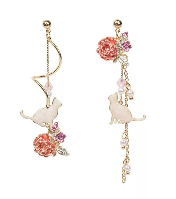 Dangling Cat Earrings | Asymmetrical Earrings | Cat and Rose Earrings | Mismatch Earrings | Korean Earrings | Cat Jewelry | Flower Earrings