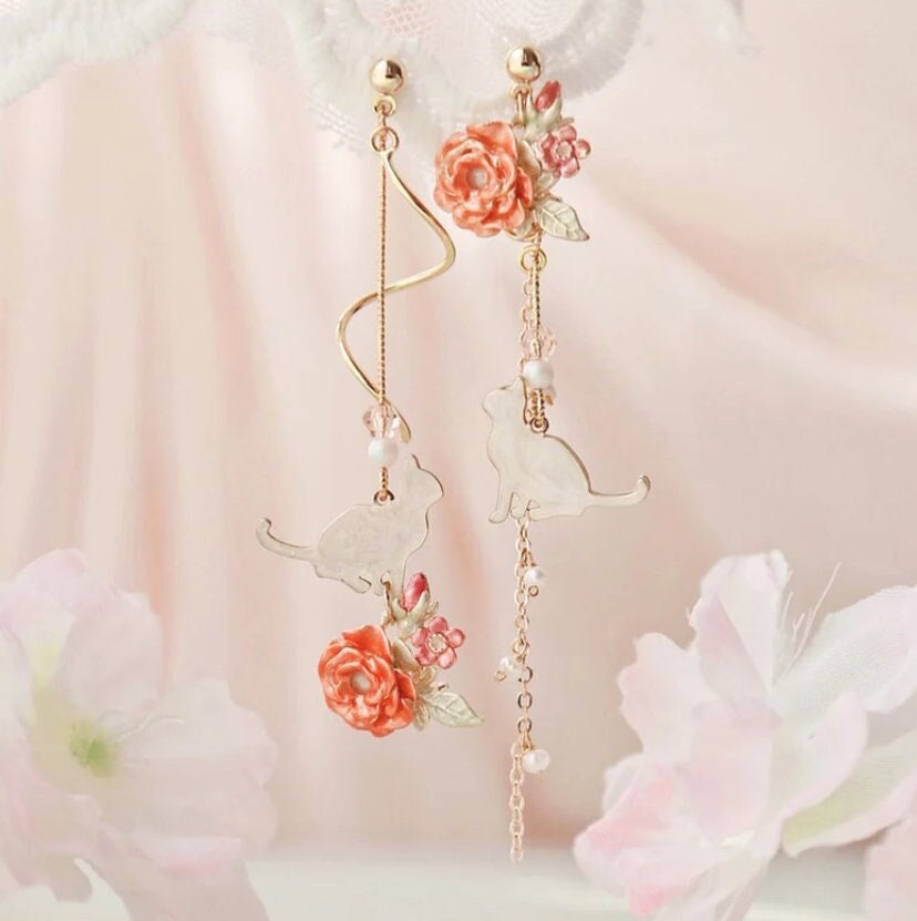 Dangling Cat Earrings | Asymmetrical Earrings | Cat and Rose Earrings | Mismatch Earrings | Korean Earrings | Cat Jewelry | Flower Earrings