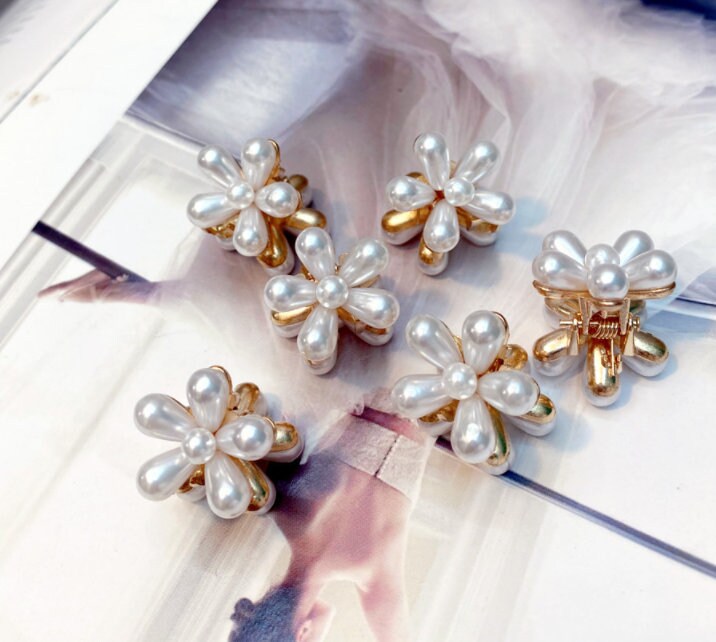 Pearl Flower Hair Clip | 4 Pcs | Small Hair Claw | Flower Hair Clip | Bridal Hair Clip | Bridesmaid | Metal Hair Clip