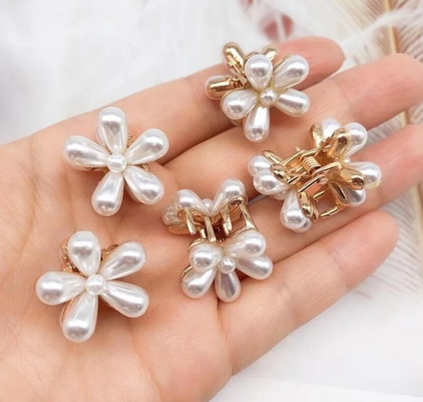 Pearl Flower Hair Clip | 4 Pcs | Small Hair Claw | Flower Hair Clip | Bridal Hair Clip | Bridesmaid | Metal Hair Clip