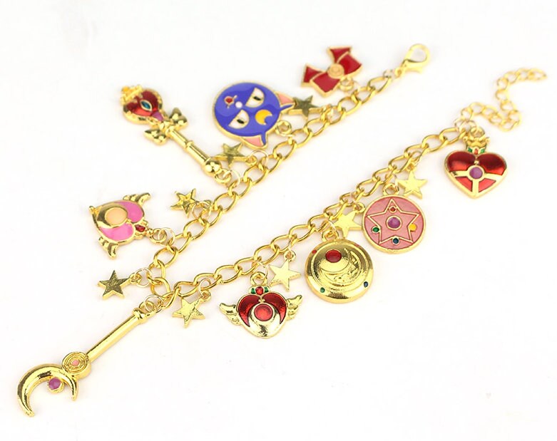 Sailor Moon Charm Bracelet | Chunky Bracelet | Luna, Magic Wand, Heart Locket, Star Compact, Bow, Stars Charm | Japanese Anime