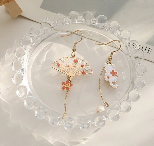 Fan and Cat Earrings | Japanese Fan Earrings | Cherry Blossom Earrings | Sakura Earrings | Japanese Earrings | Mismatch Earrings | Dangle