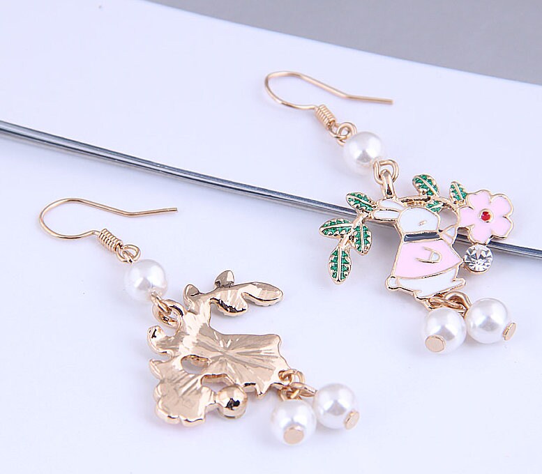 Floral Bunny Earrings | Dangle Earrings | Rabbit Earrings | Flower Earrings | Korean Earrings | Pearl Earrings