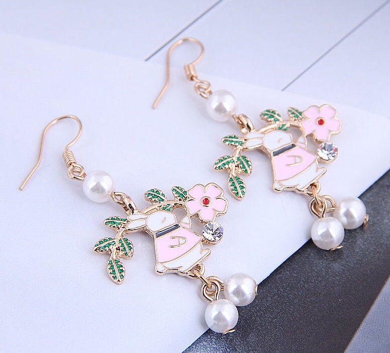 Floral Bunny Earrings | Dangle Earrings | Rabbit Earrings | Flower Earrings | Korean Earrings | Pearl Earrings