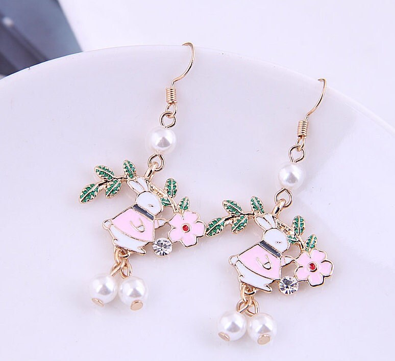 Floral Bunny Earrings | Dangle Earrings | Rabbit Earrings | Flower Earrings | Korean Earrings | Pearl Earrings