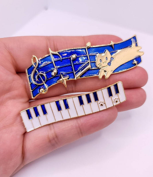 Musical Cat Hair Clip | Cat and Keyboard Hair Pin | Gold Enamel Hair Clip | Music Note, Piano, Magical Cat | Cute Hair Accessories for Her