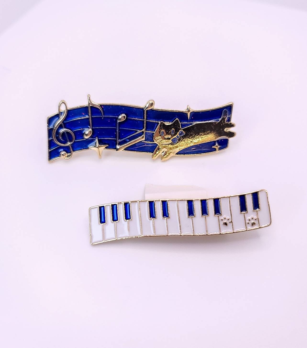 Musical Cat Hair Clip | Cat and Keyboard Hair Pin | Gold Enamel Hair Clip | Music Note, Piano, Magical Cat | Cute Hair Accessories for Her