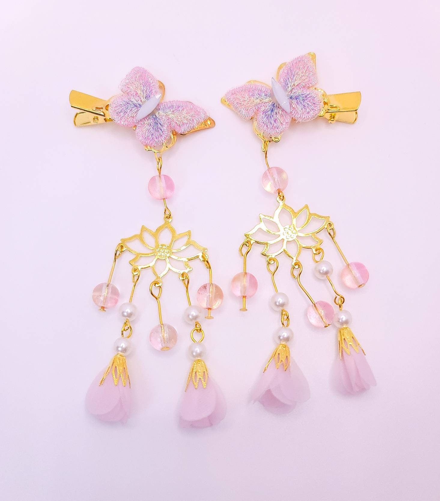 Chinese Butterfly Hair Clip | Pink Butterfly Hair Clip | Lotus Flower | Tassel Hair Clip | Gold Hair Clips | Unique Hair Accessories