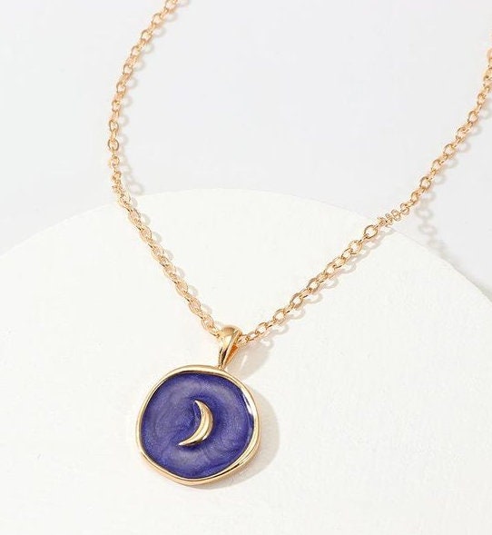 Enamel Medallion Necklace | Gold Coin Necklace | Gold Plated | Heart, Star, Moon Shape Round Pendant Gold Necklace