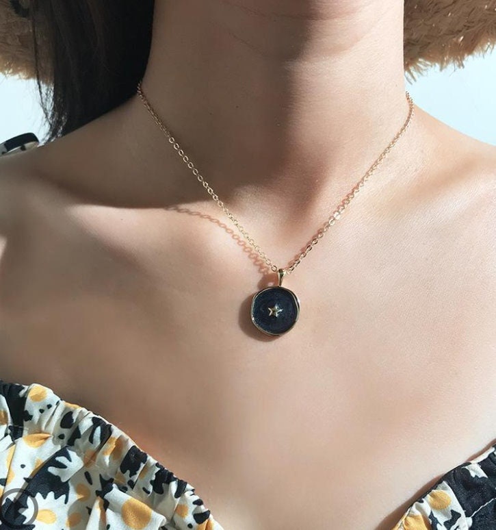 Enamel Medallion Necklace | Gold Coin Necklace | Gold Plated | Heart, Star, Moon Shape Round Pendant Gold Necklace