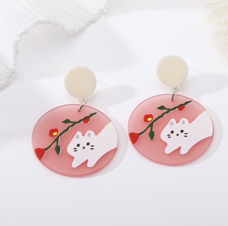 Acrylic Cat Earrings | White Bear Earrings | Colorful Earrings | Dangle Acrylic Earrings | Flower Stud Earrings